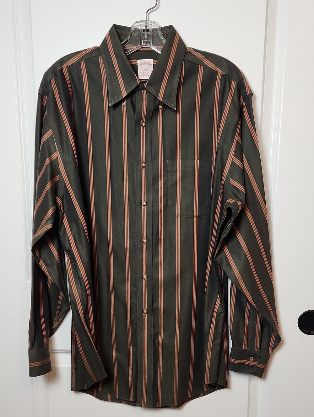 Brooks Brothers Olive Green Dress Shirt with Red Stripes Size L